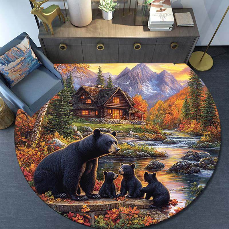 Runder Teppich mit Schwarzbärenfamilie, Teppich für Wohnzimmer, Schlafzimmer, Sofa, Spielzimmer-Dekoration, Rutschfeste Bodenmatte