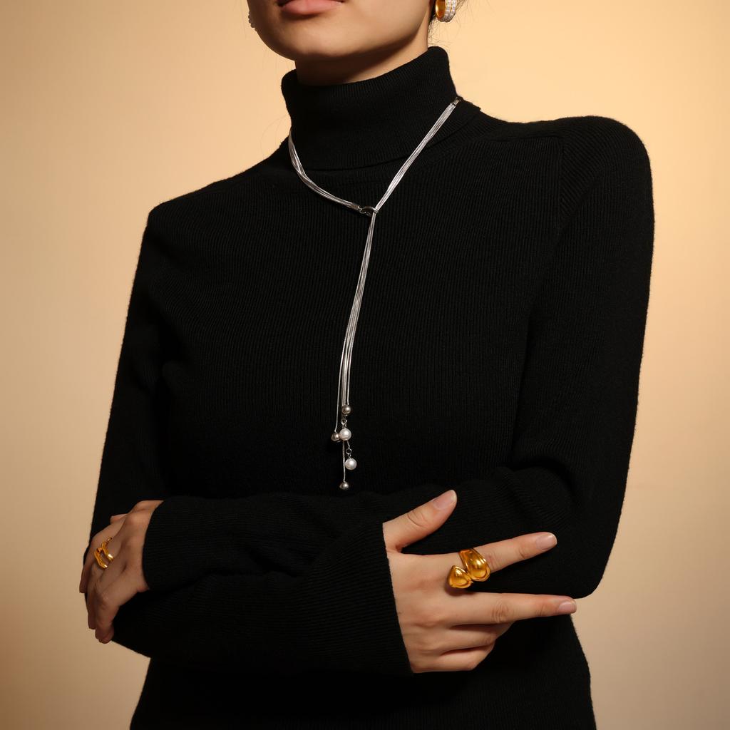 Mehrschichtige Linie Quaste Imitation Perle Anhänger Halskette OT Schnalle kann gezogen werden Edelstahl Kaltwind Schmuck