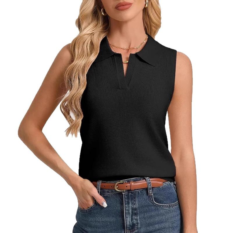 Women S Summer Knitted Sleeveless Polo Vest Lightweight Casual S чёрный