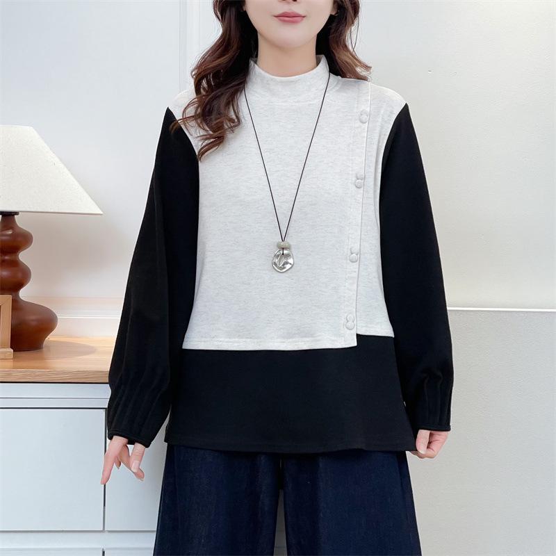 

Women s Plus Size Velvet Stand Collar Color Block Slimming Top, 2025 Autumn/Winter Fake 2-Piece Thickened Base Layer #8652. XL