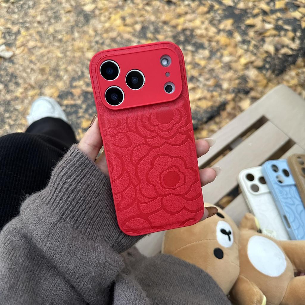 Luxury Camellia Leather Texture Phone Case for iPhone 17 Pro Max & 16, Autumn/Winter Edition