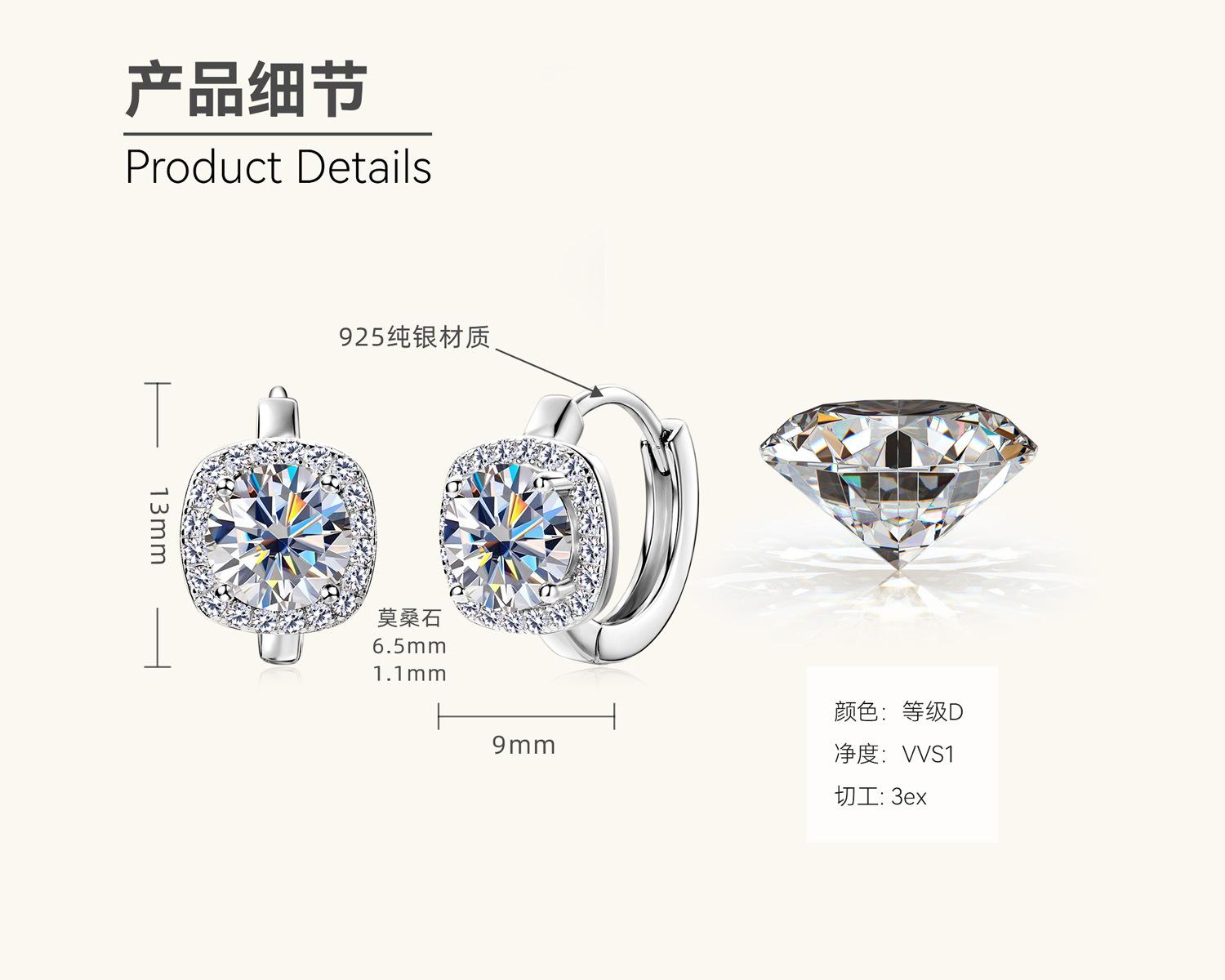 

Silvere Glam Европейский и американский модный дизайн Моссанитовые серьги, Высококлассные маленькие серьги-кубики сахара класса люкс 1.12 carats+1.12 carats белый