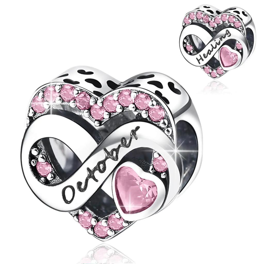 Copper Cute Pink Flowers Heart Pendant Beads Fit 4Mm Hole Diamete Charm Bracelet For Women Diy Jewelry Making Gift