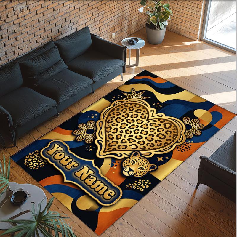 Leopard Theme Crystal Velvet Floor Rug Personalized Custom Name Text Warm Carpet Home Decoration