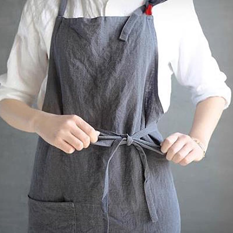 JOYAIYI Cafe-Style Linen Apron with a Simple Pocket for Hiding Your Bottom and a Front Pocket, Solid Color, Unisex Home Apron (Khaki)