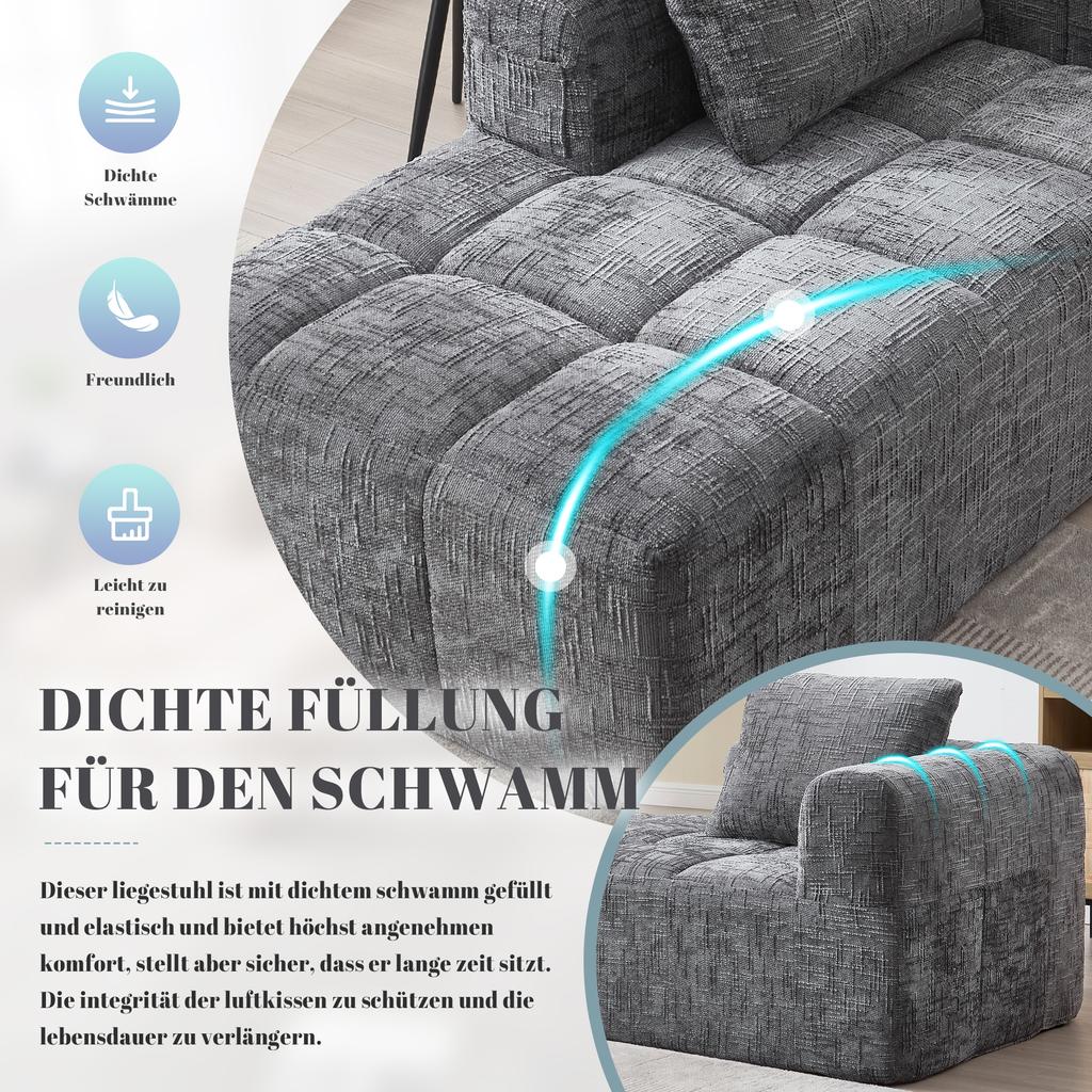 Comfortable Chaise Longue Sofa, No Assembly Required, Soft Sofa with Cushion, Side Pockets for Remote Control and Mobile Phone, Neat and Stylish, Gray