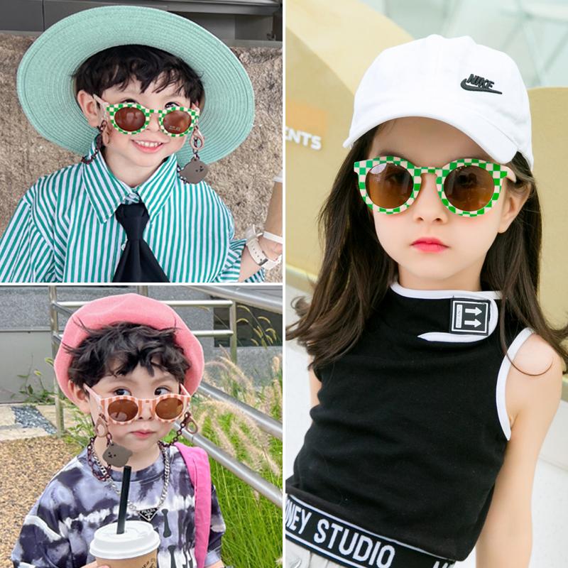New Kids Cute Checker Panel Color Round UV400 Eyeglasses Baby Girls Outdoor Sun Protection Sunglasses Children Glasses