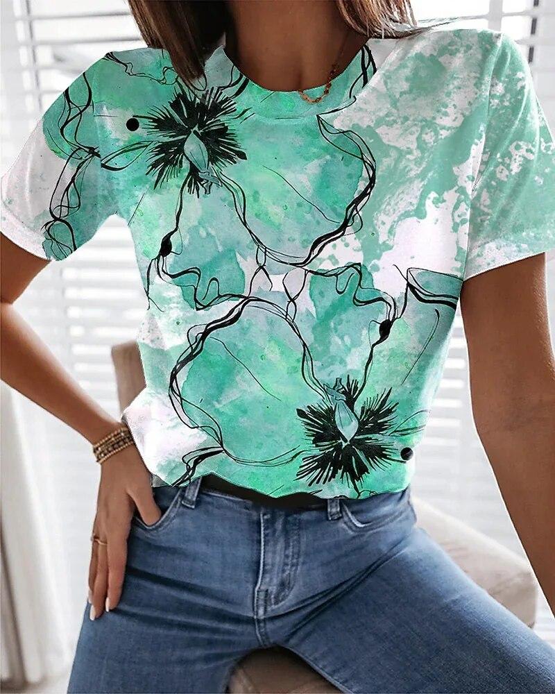 Sommer Dame 3D-trykte Blomster T-skjorte Mote Trend Topper Dame Casual Kortermet Klær Jenter O-hals Elegante T-skjorter