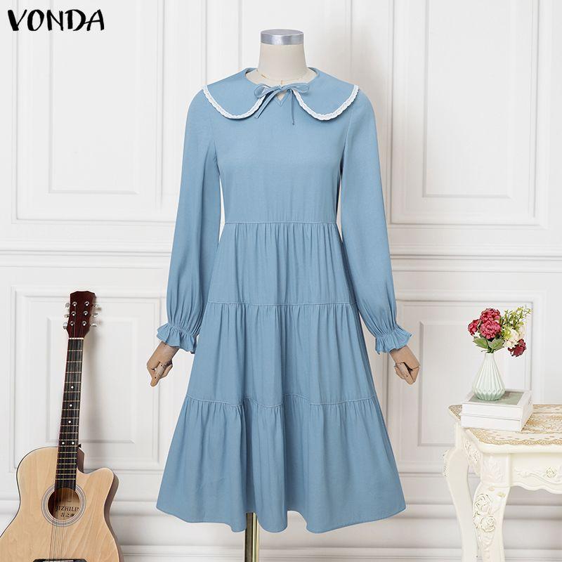 VONDA Women Casual Doll Collar Loose Long Sleeve College Style Dress