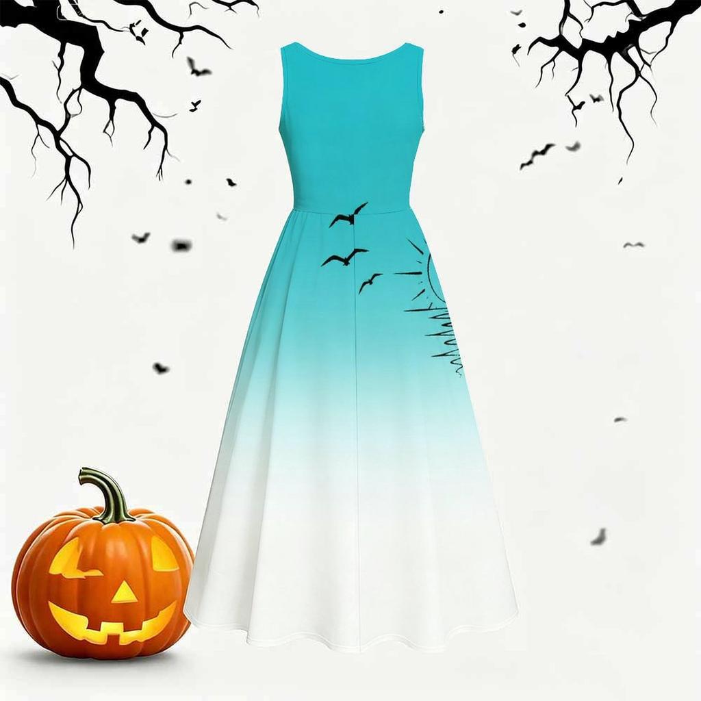 Women Plus Size Round Neck Sleeveless Gradient Printed A Line Bow Waist Dress