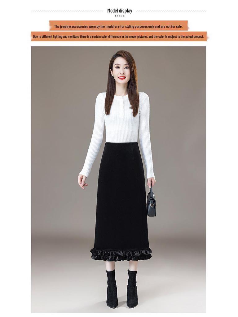 Elegant Lace Gold Velvet A-Line Skirt for Women, High Waist with Side and Back Slits, Perfect for Spring-Winter 2026