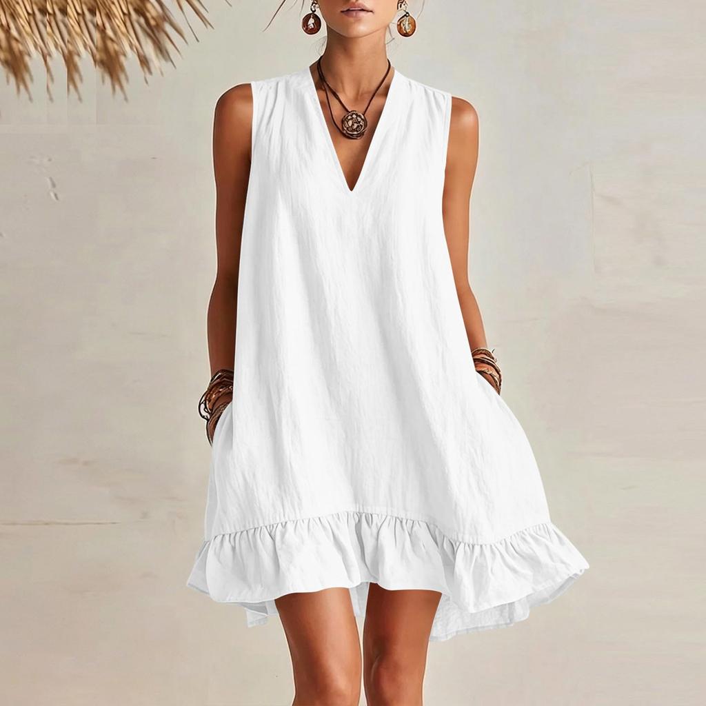 Damen V-Ausschnitt Ärmellos Rüschensaum Locker Sitzendes Kleid mit Taschen Sommerlich Lässig Leicht Einfarbiges Tunika-Kleid für den täglichen Gebrauch