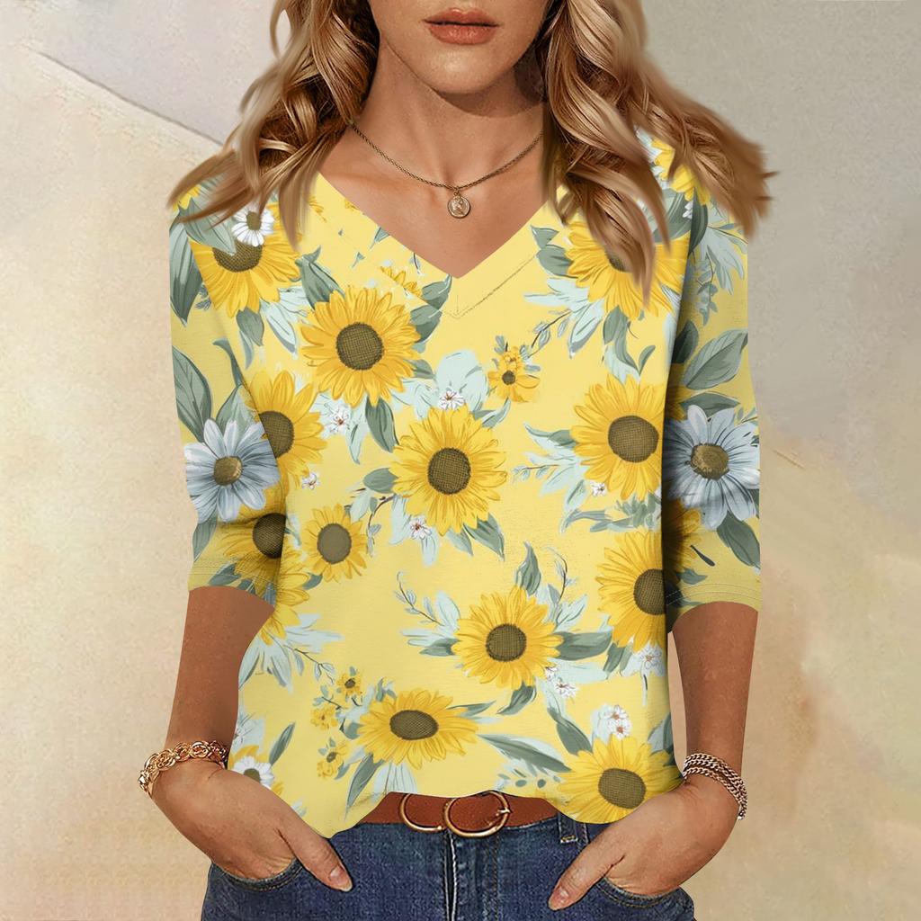 Women's Fashionable Casual V-Neck Three-Quarter Sleeve Printed T-Shirt Top