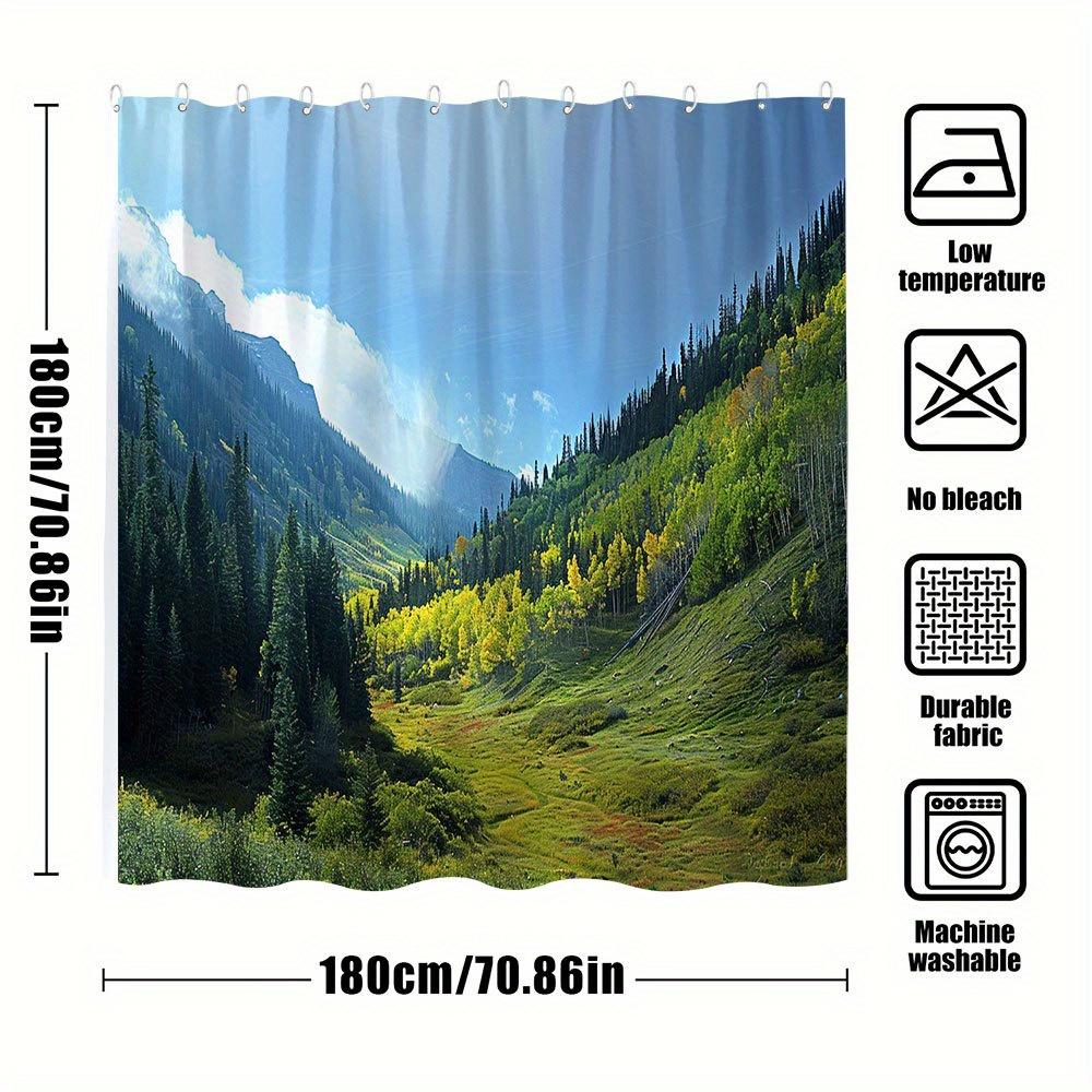 1Pc Alpine Valley Bath Curtain - Vibrant Fall Colors, Sunlit Meadows & Evergreen Forest Design, 70. 86 X 70. 86 Inches, 12 Hooks