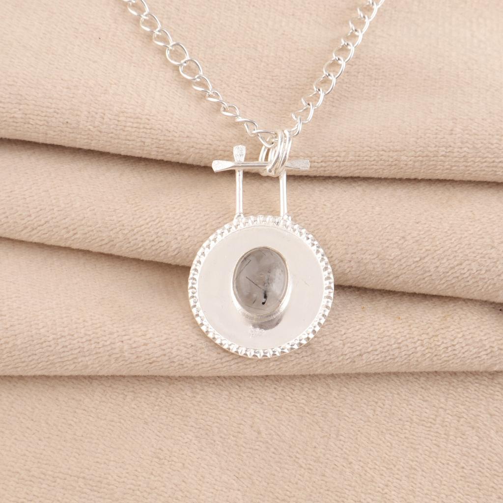 Natural Black Rutile Gemstone 925 Sterling Silver Jewelry Handmade Pendant 1.4" PP-57-33