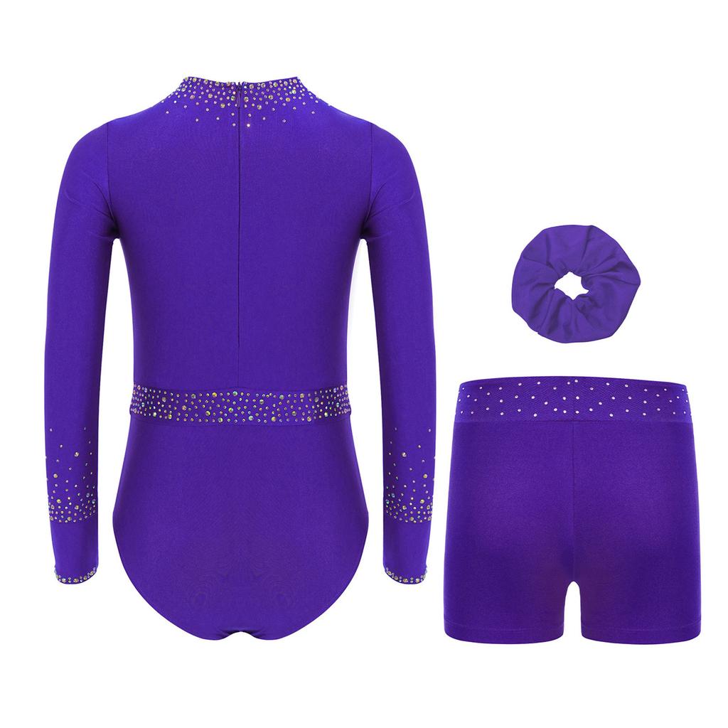 Girls Gymnastics Dance Set Long Sleeve Shiny Cutout Front Back Zipper Leotard Rhinestones Shorts Headwear