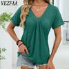 Damenmode, lässig, Sommer, Frühling, einfarbig, bedruckt, kurzärmelig, V-Ausschnitt, Blusen und Hemden