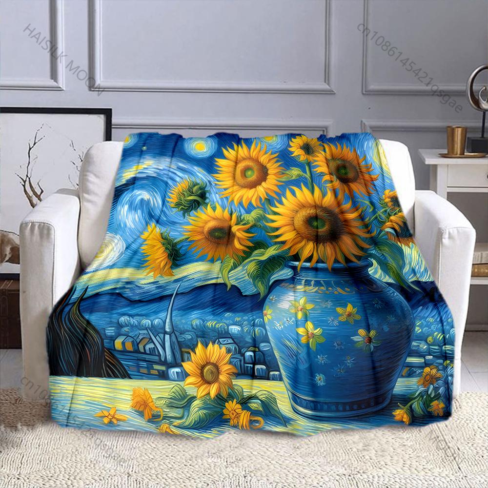 Multi-size Van Gogh-inspired Sunflowers Print Blanket Flannel Material Soft Warm for All Seasons Home Outdoor Camping Picnics RV