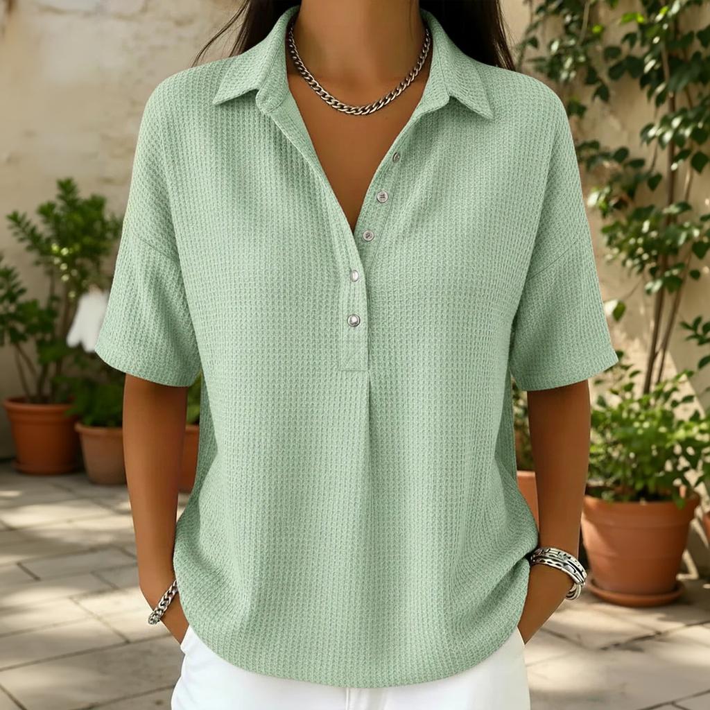 Women's Casual Waffle Knit Polo Shirt Short Sleeve Button Up Relaxed Fit Lightweight Top for Everyday Wear