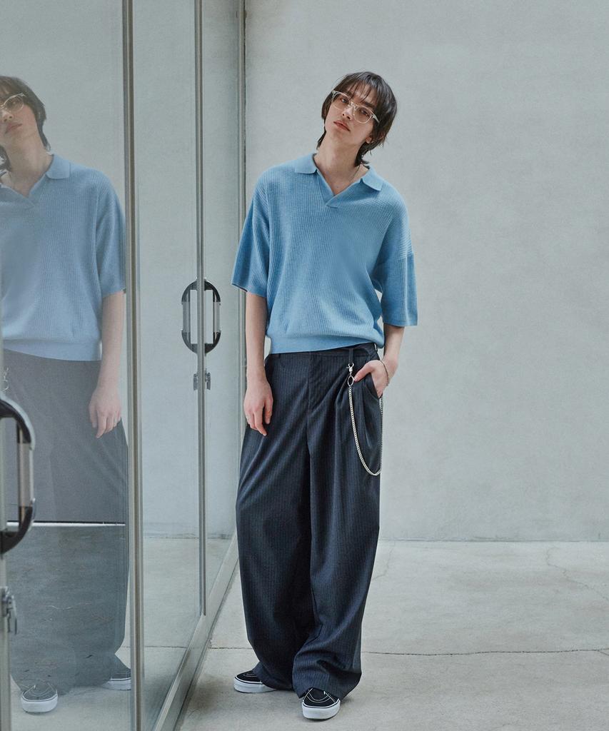 GLW Open Collar Waffle Half Knit Blue