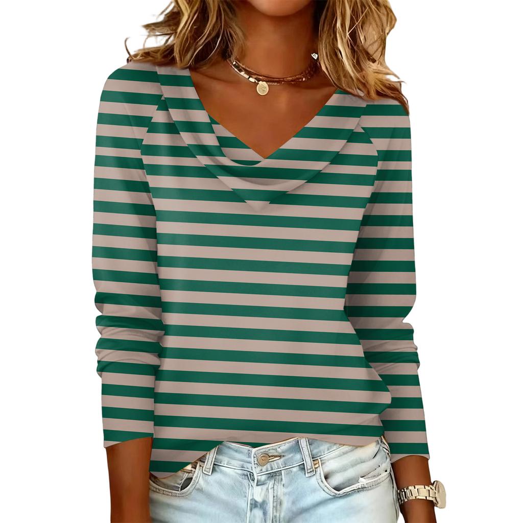 Ladies' striped printed casual and fashionable long sleeved pullover top