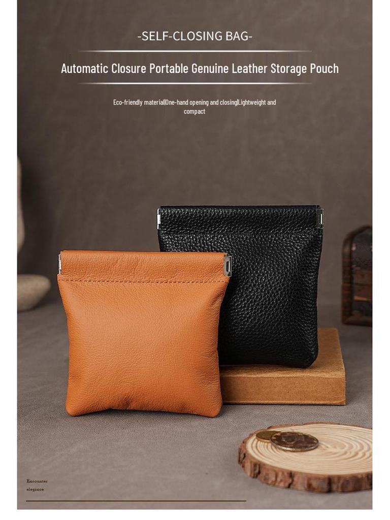 Genuine Leather Coin Purse with Alloy Spring Clip and Kiss Lock for Keys, Earphones, or Jewelry Storage