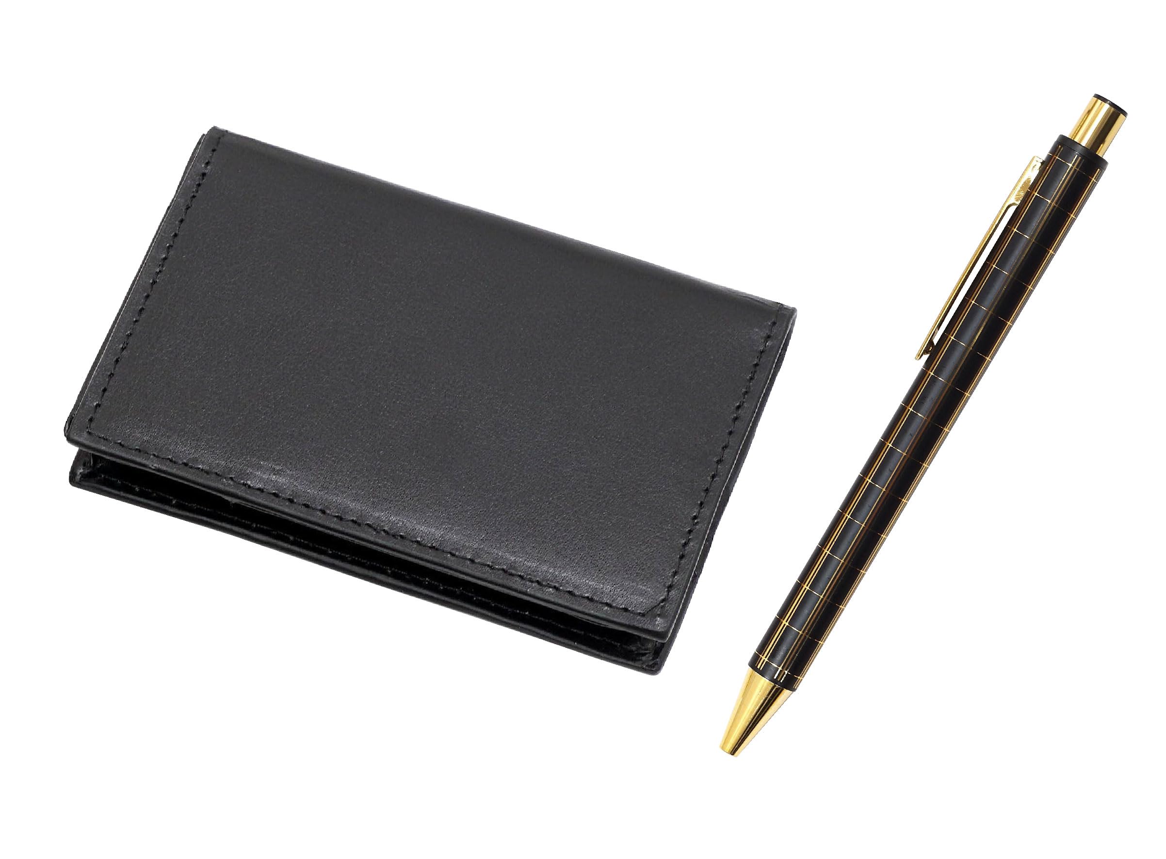 

Recycled Cowhide Business Card Holder Thick Metal Straight Knock and Double Anodized Grid Ballpoint Pen 4-Pocket NQ30K, Set, Black, чорний