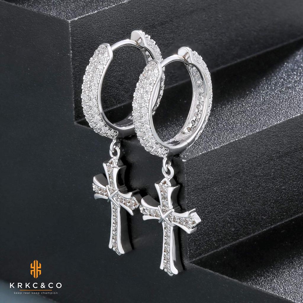 Korskors Örhänge Silver Båda 15mm 14K Guld Hängande Droppe CZ Glittrande KRKC&CO Örhängen, Örhängen, Zirkonia, Herr, 925, Öron, Diameter, Pläterad,