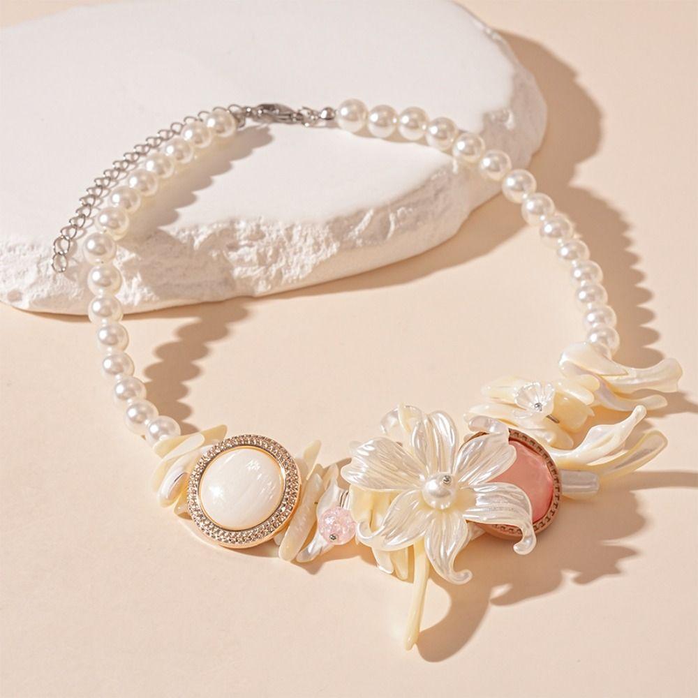 Sweet Iris Flower Pendant Necklace Petal Pearl Beaded Choker Fashion Beach Necklace Jewelry  Beach