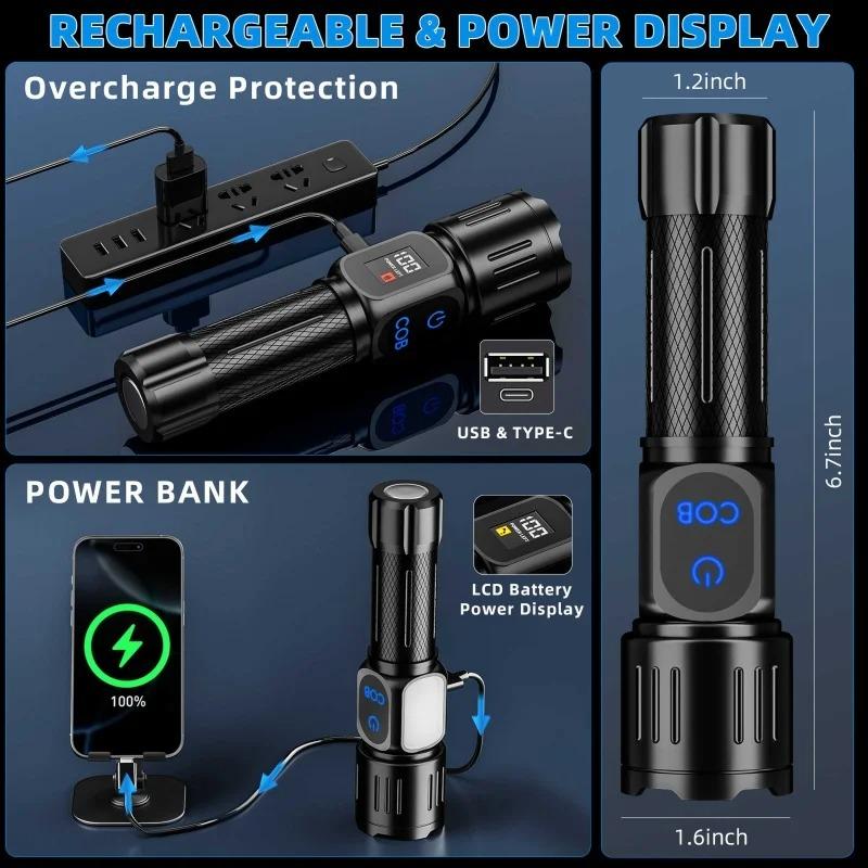 2026 New Waterproof LED Flashlight, Powerful USB Type-C Rechargeable  Flashlights with Magnet, Side Light, 9 Modes for Home Outdoor Emergency