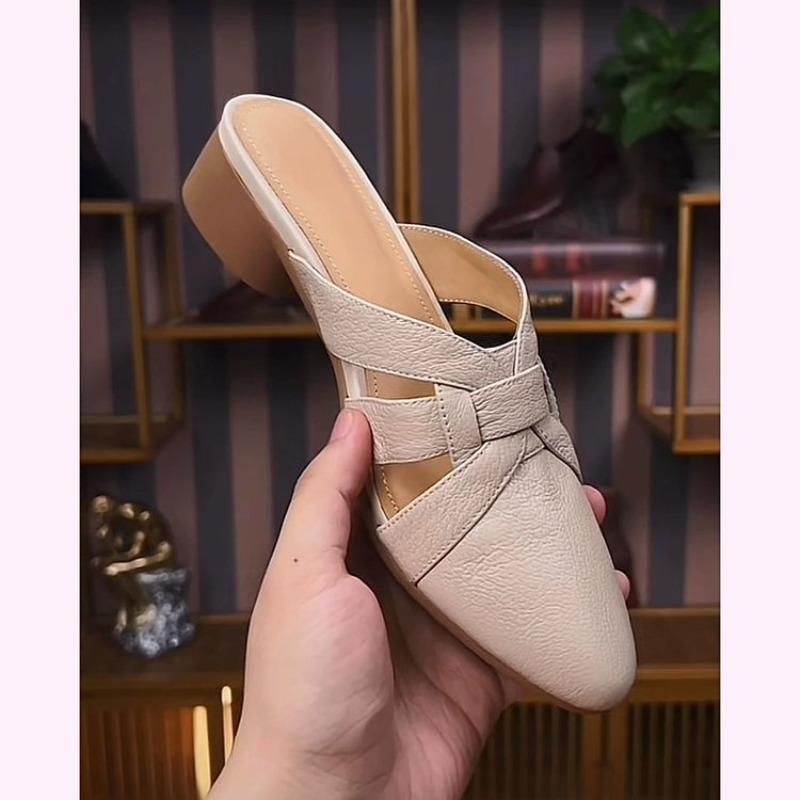 Summer Mules Genuine Leather Women Slippers Mid Block Heels Square Closed Toe Black Apricot Beige Sexy Party Shoes