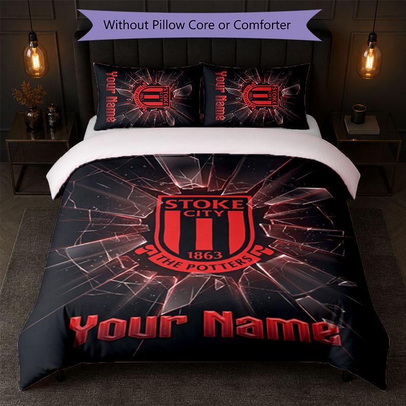 Stoke City FC Custom Name Text Bedding Set 1 Duvet Cover+2 Pillowcases Soccer Logo Personalized Gift For Special Occasion Bedroom Decor