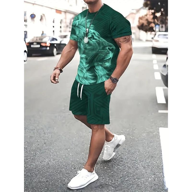 Sommer Herren Löwenmuster Kurzarm Rundhals Atmungsaktives T-Shirt Shorts Anzug Neuer Herren Temperament Streetwear Anzug
