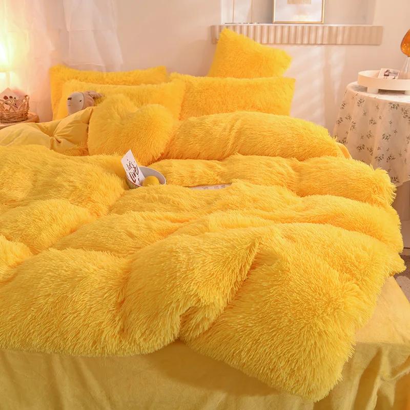 Luxury Winter Warm Long Plush Pink Bedding Set Queen Mink Velvet Double Duvet Cover Set with Fitted Sheet Warmth Quilt Covers