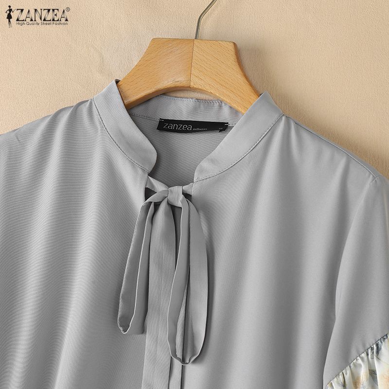 ZANZEA Women Casual V-Neck Floral Print Splice 3/4 Sleeve Blouse