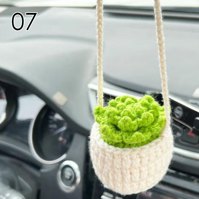 Car Handmade Crochet Plant Pendant Hanging Basket Charm Rear View Mirror Ornament Accessories Decor Gadgets Interior Styling