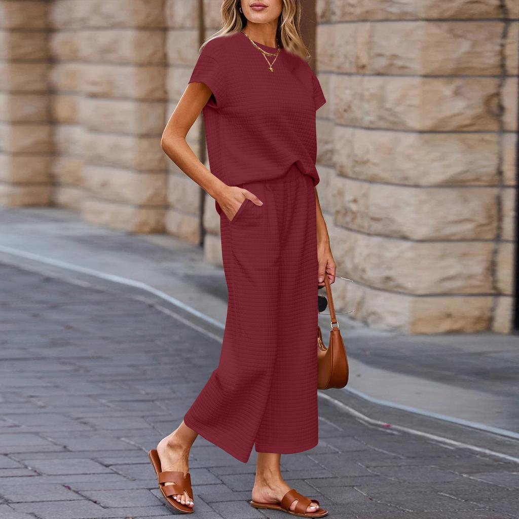 Women's Sports Casual Two-piece Suit Round Neck Short Sleeve Wide Leg Sports Pants Casual Suit