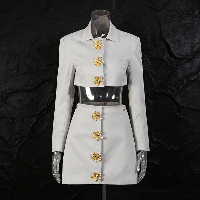 

Stylish Sexy High-end Two-piece Metal Flower Button Navel Top + Heavy Industry Skirt Women L серо голубой