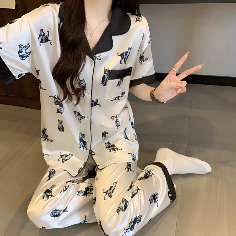 Girl Cute Cat Ice Silk Pajamas Women'S Summer Short Sleeves Trousers Premium Loungewear