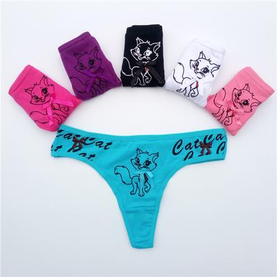 Women Sexy G-String Cotton Thong Cartoon Kitty Print T Back Underwear Kawaii Cat Panties 6 Pcs/set
