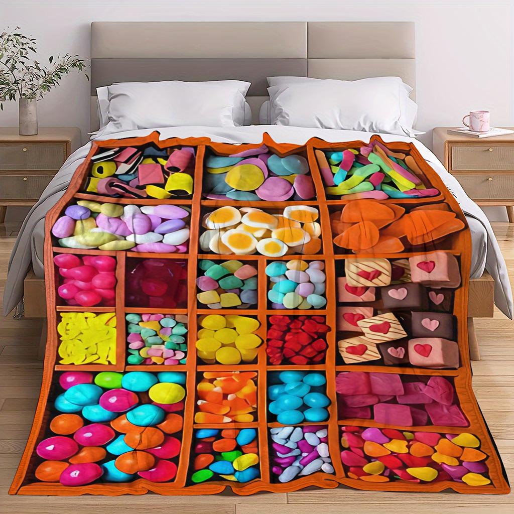 1Pc Cozy Candy Digital Print Throw Blanket - Contemporary Style, Soft Warm All-Season Knitted Polyester, Geometric Pattern, Idea