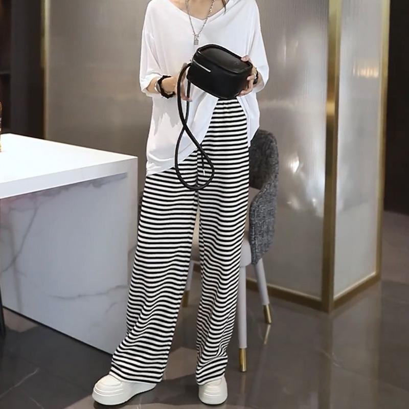 

Черно-белые полосатые брюки с широкими штанинами женские летние новые ленивый ветер повседневные брюки-швабры свободные драпирующиеся прямые брюки XL [Suitable for 125-72.5 kg]