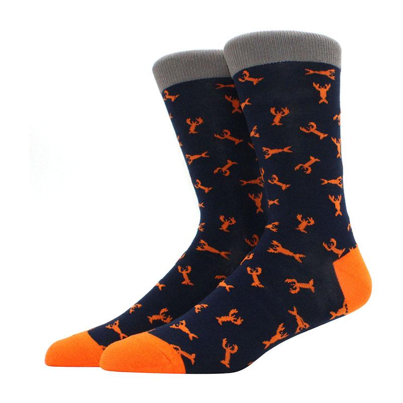 Roliga glada herrstrumpor med grafisk design, kammad bomull, omelett, groda, galen klocka, lax, majs, fågel, fisk, strumpa, julklapp