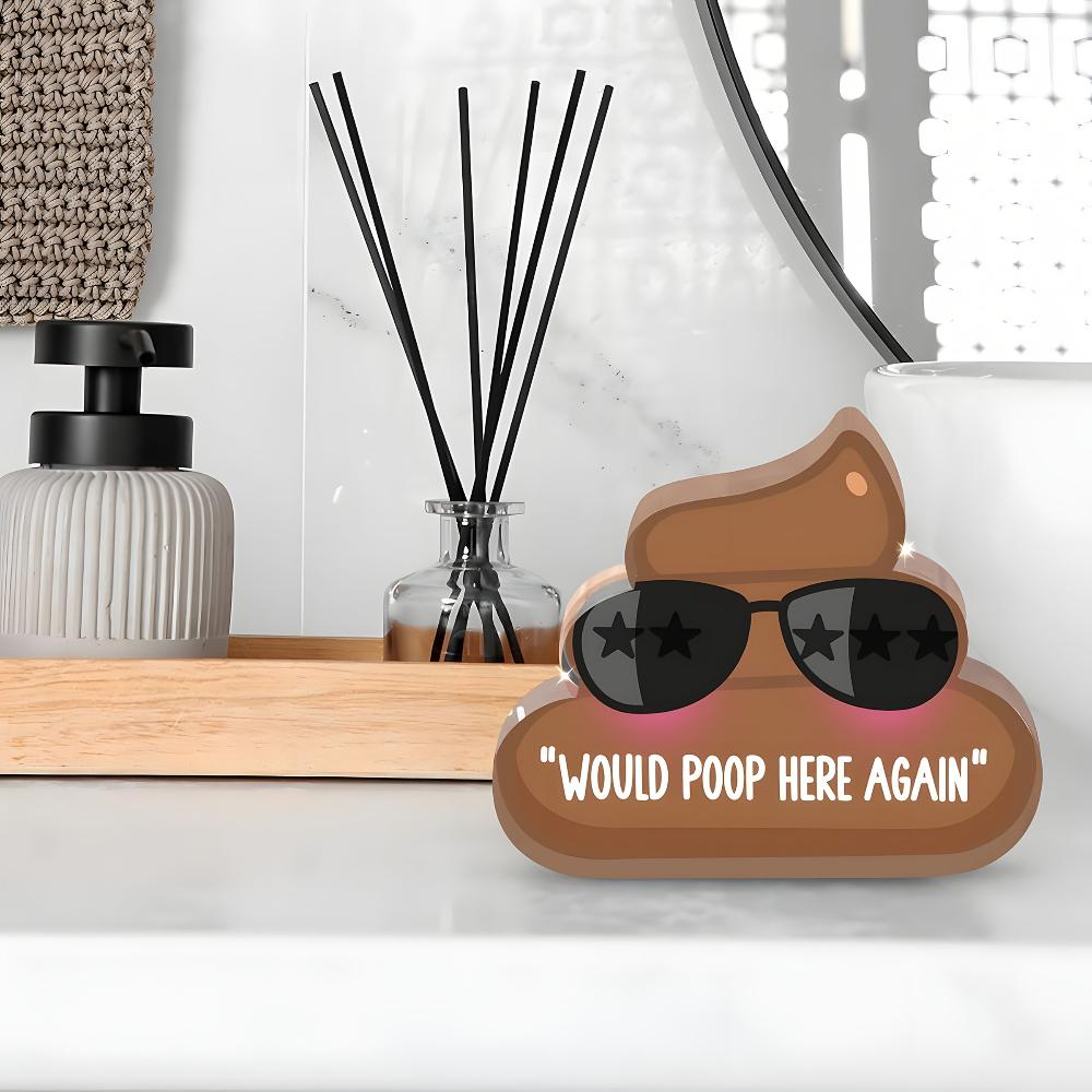 1pc Funny Poop Desk Decor - Cute Smiling Brown Poo with Fashion Glasses & "Would Poop Here Again" Label - Acrylic Bathroom Office Decoration
