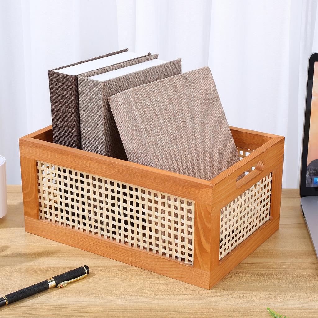 Bamboo Woven Wooden Storage Basket Desktop Organizer Decorative Home Decor Sundry Holder Shelf