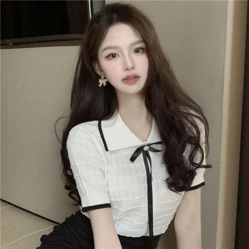 

Маленький ароматный стиль Сладкая футболка-поло с коротким рукавом для женского лета Дизайн с лацканами Вязаный свитер с бантом One size белый