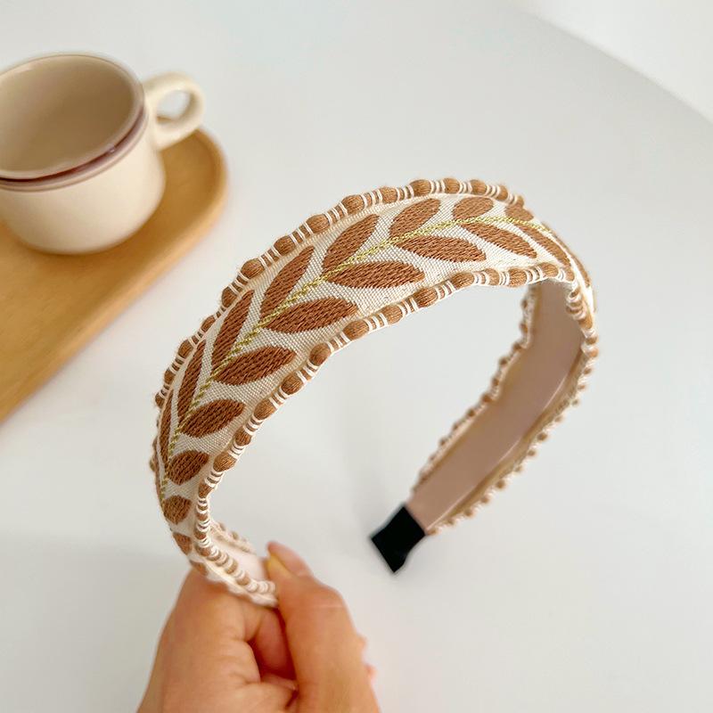 Autumn/Winter Women's Leaf Embroidery Knotted Wide Headband Headband Retro Hair Accessory