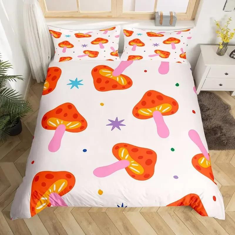 Cute Mushroom Duvet Cover Set Microfiber Hippie Theme Exotic Plant Mushrooms Bedding Set Kawaii Fungus Comforter Cover Twin King