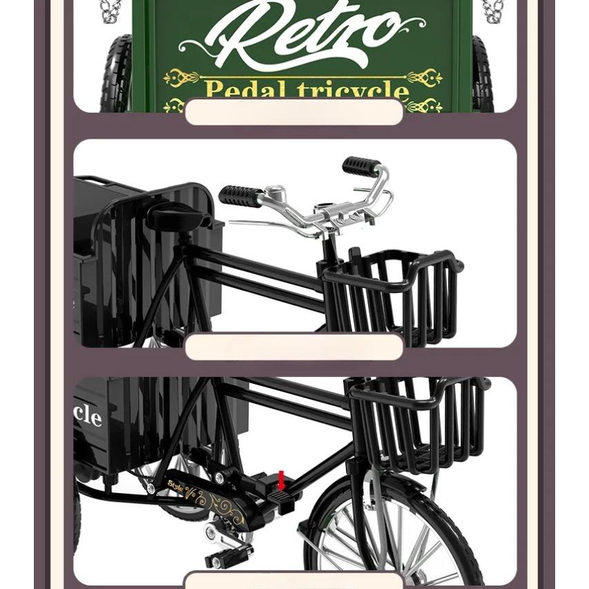 1/10 Mini Stop Retro Trójkołowy Rower Płaski Metalowy Odlewany Ciśnieniowo Klasyczny Model Trójkołowy Zabawka Symulacja Kolekcja Prezenty