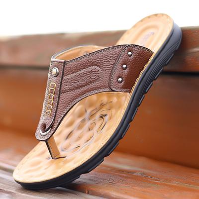 Marque Sandales Tongs en Cuir de Vachette Pleine Fleur pour Homme Chaussures de Plage Décontractées Mode Extérieur Homme Cousues à la Main Confortables Semelle Souple